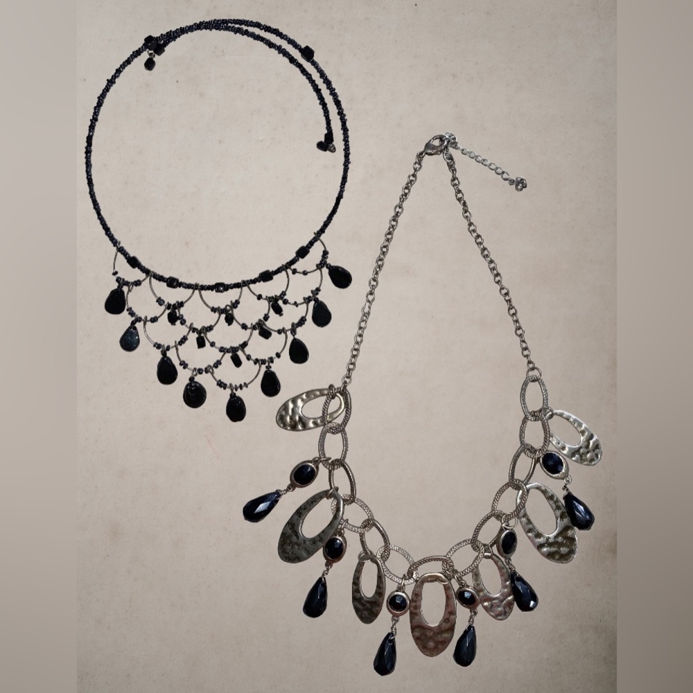 2️⃣ ⛓️ 1️⃣Price-black glass teardrop choker & gunmetal black waterfall necklace